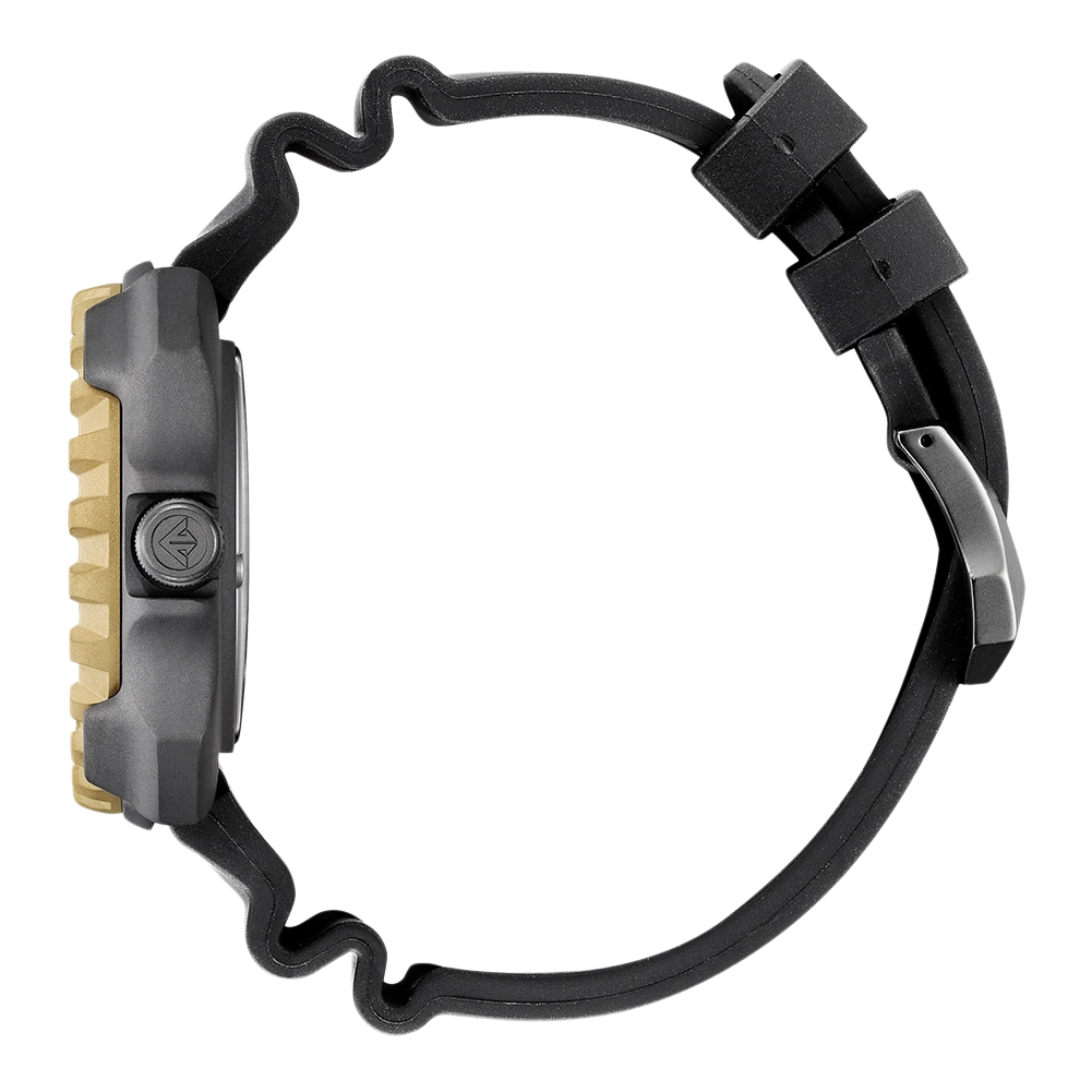 Zijaanzicht van een zwart horloge met een gouden bezel en zwarte band.