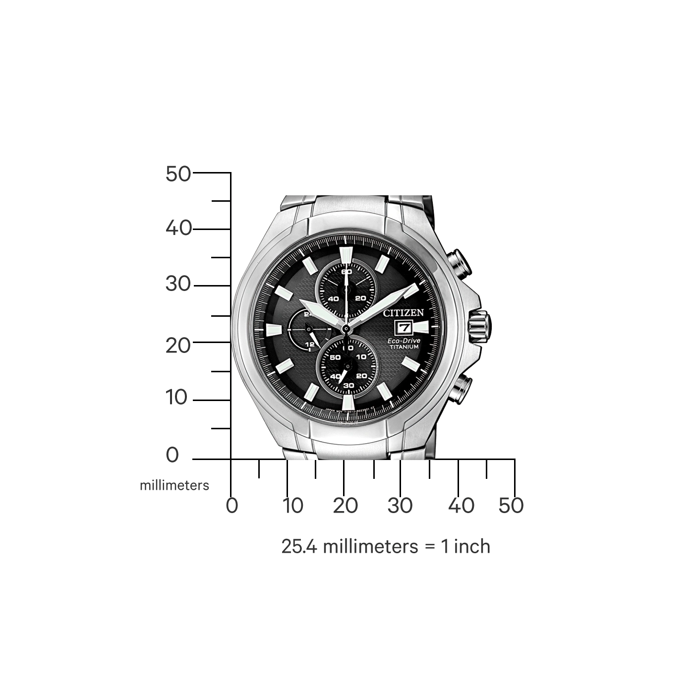 Citizen horloge met zwarte wijzerplaat en titanium Eco-Drive, gemeten in millimeters.