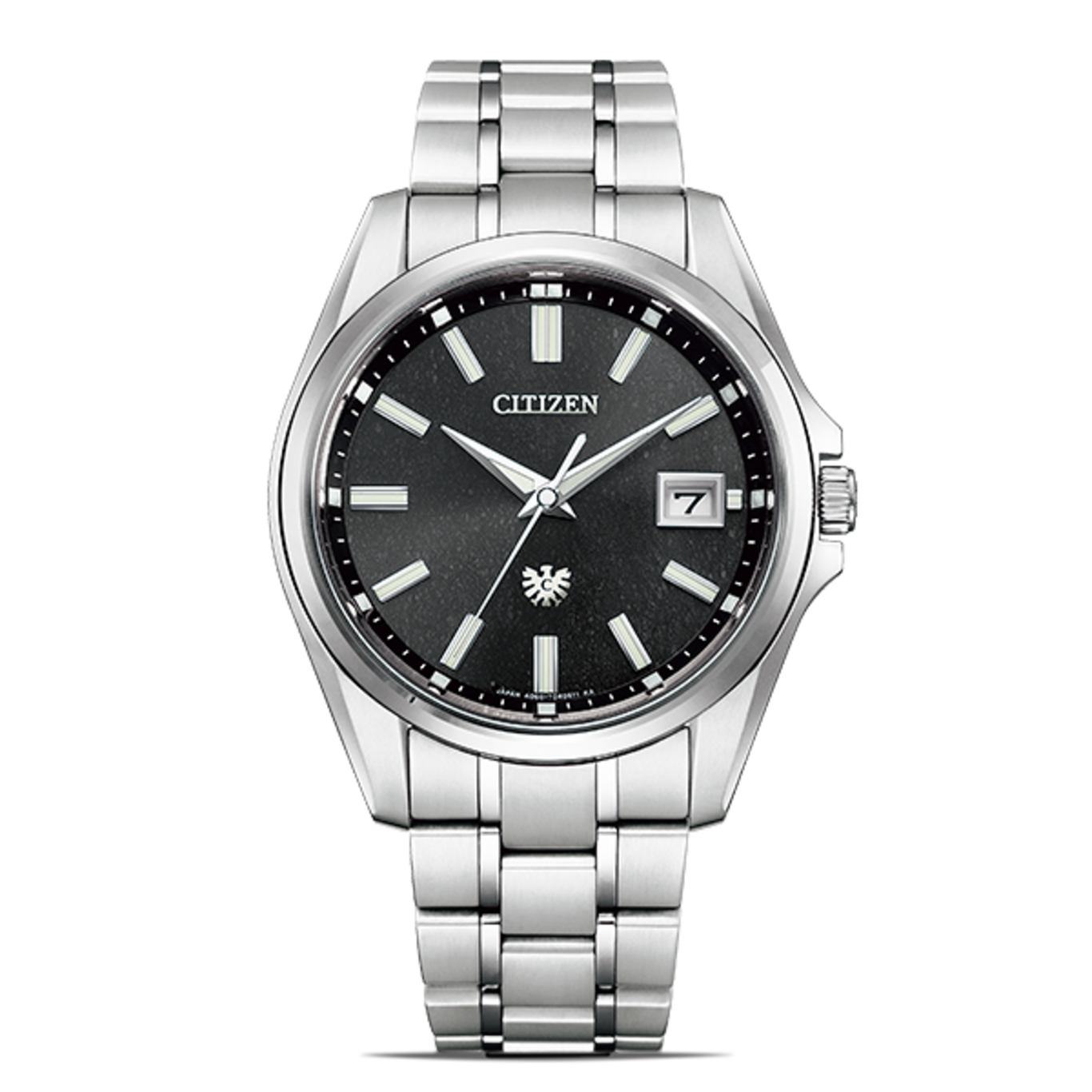 Citizen horloge met zwarte wijzerplaat en zilveren armband, datumweergave.