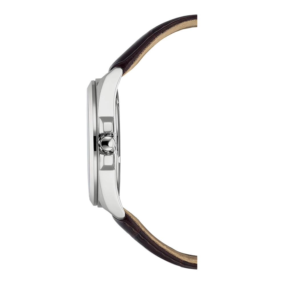Zijaanzicht van een zilveren horloge met een bruine leren band