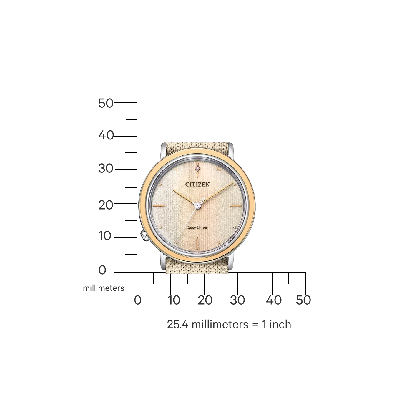 Citizen horloge met beige band en gouden accenten, Eco-Drive technologie.