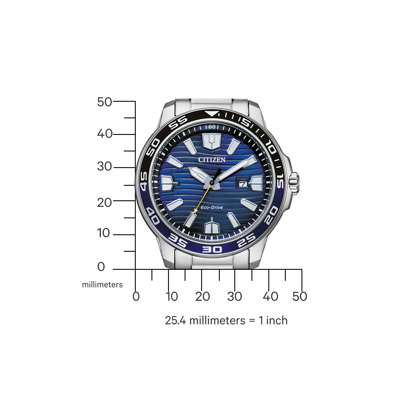 Citizen horloge met blauwe wijzerplaat en zilveren band, Eco-Drive technologie en datumweergave.