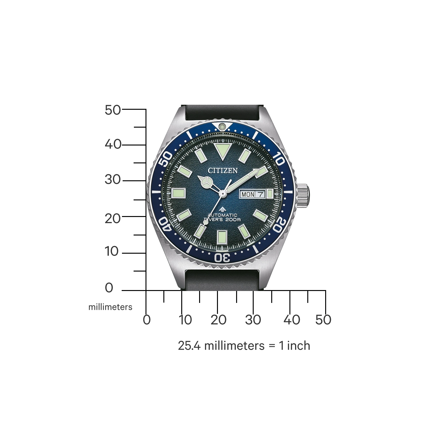 Citizen horloge met blauwe wijzerplaat, zwarte band en meetschaal.
