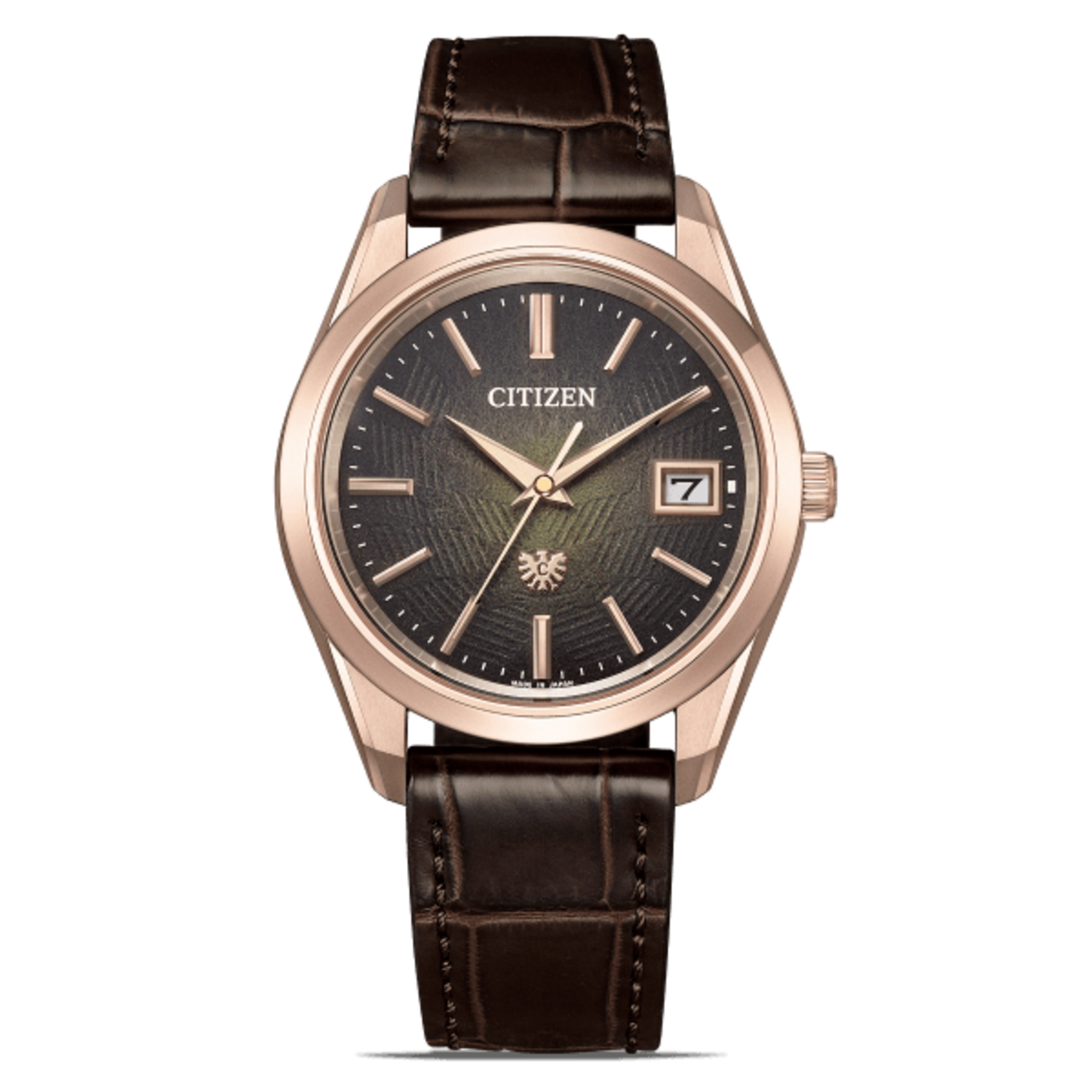 Citizen horloge met een bruine leren band en een donkere wijzerplaat met datumweergave.