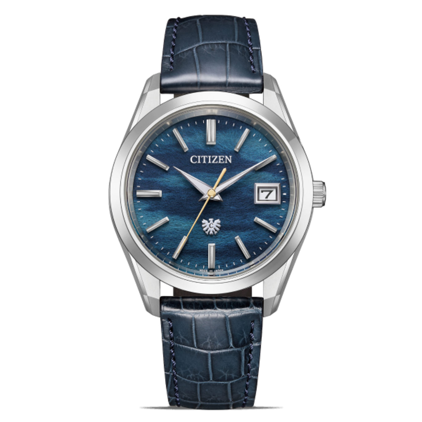 Citizen horloge met blauwe wijzerplaat en leren band, elegant design