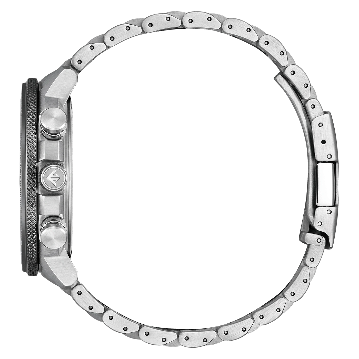 Zijaanzicht van een zilveren horloge met metalen band en knoppen.