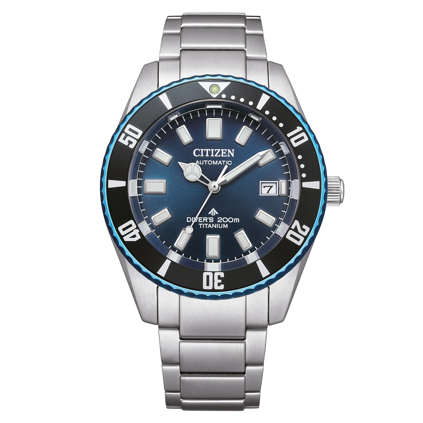 Citizen automatisch duikhorloge met blauwe wijzerplaat en titanium armband