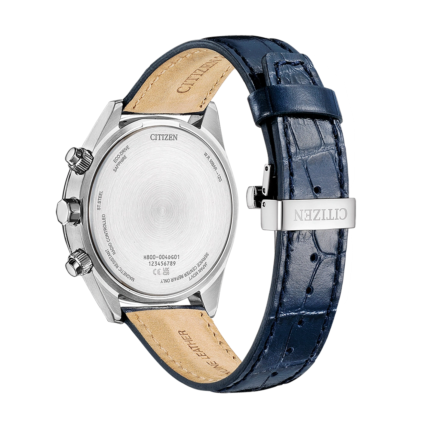 Citizen horlogerug, blauwe leren band, roestvrij staal, Eco-Drive, saffierglas.