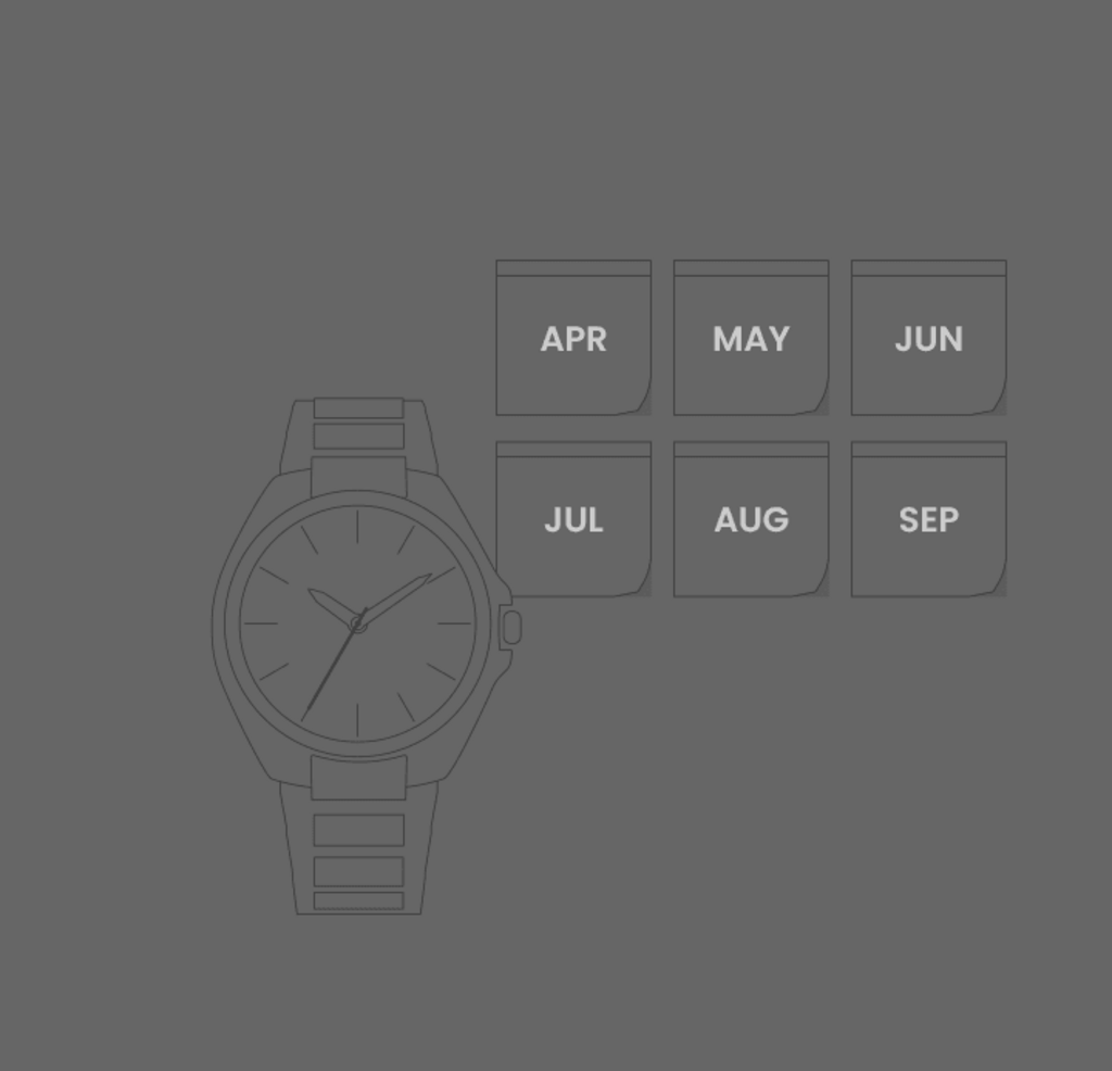 Horloge met maanden: april, mei, juni, juli, augustus, september.