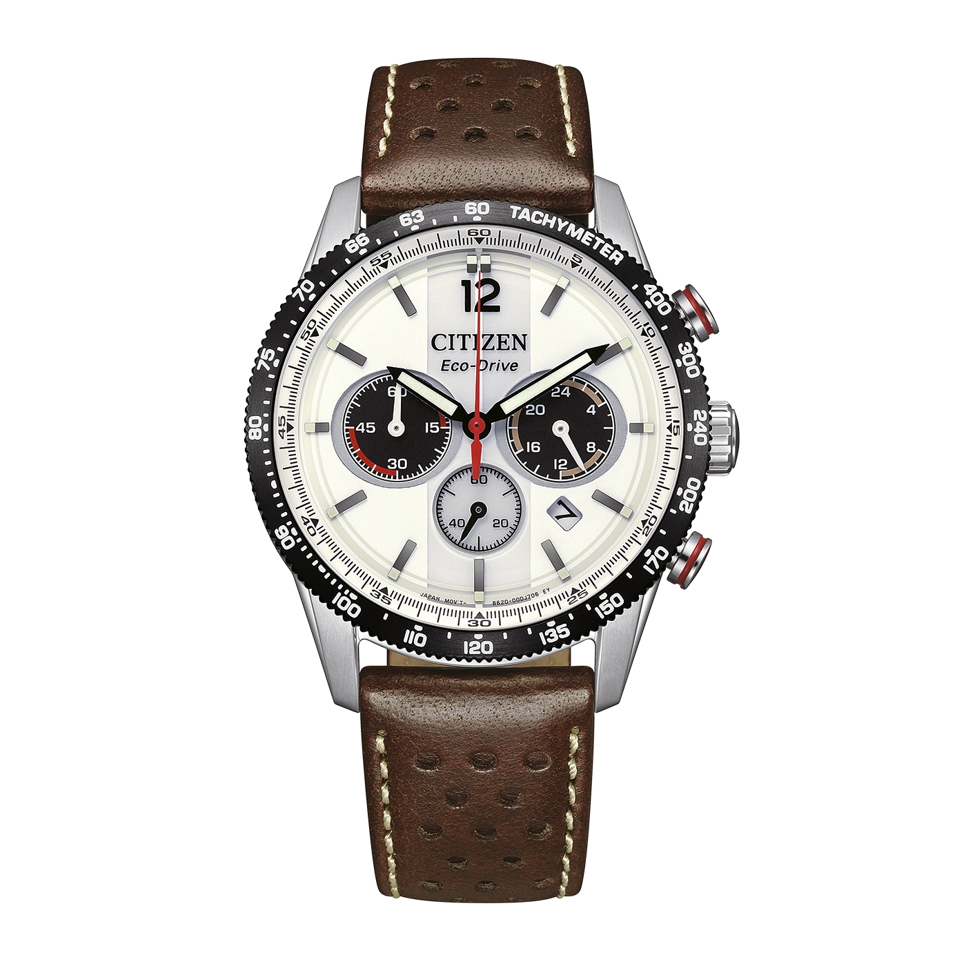 Een wit Citizen Eco-Drive chronograaf horloge met een bruine leren band.
