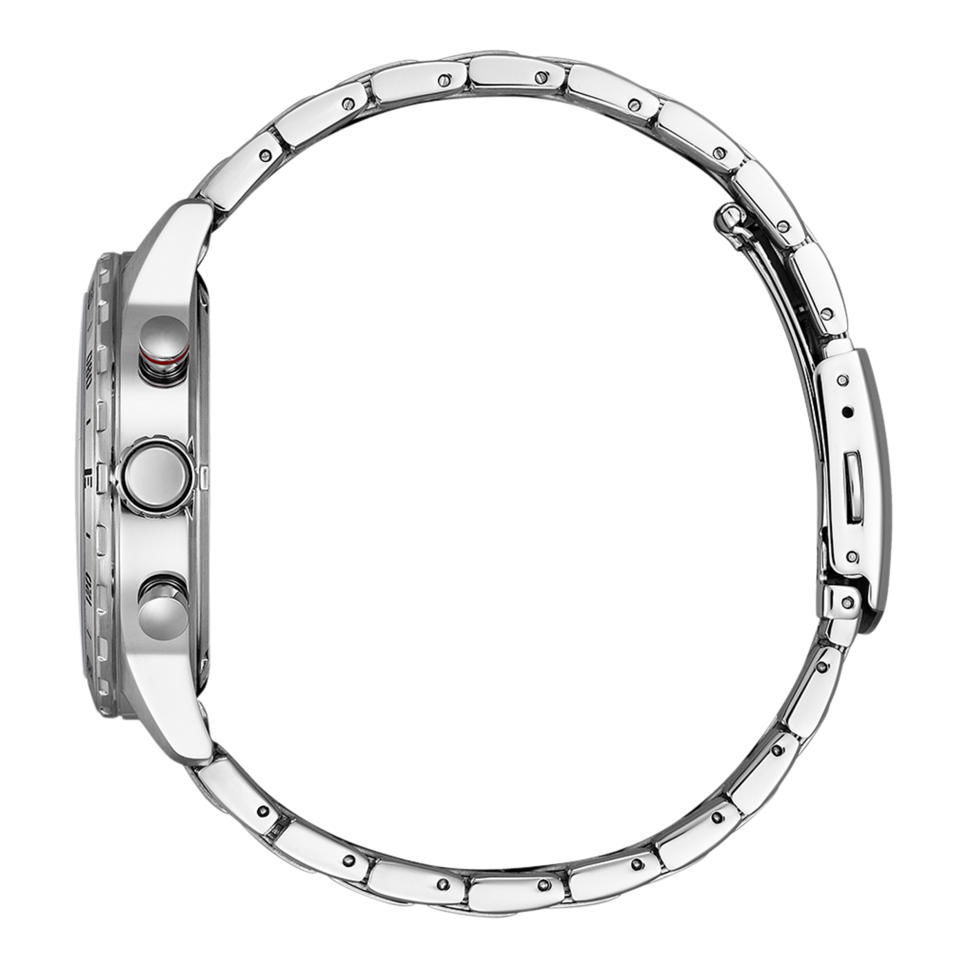 Zilveren horloge met metalen band, zijaanzicht, close-up, glanzend, elegant.