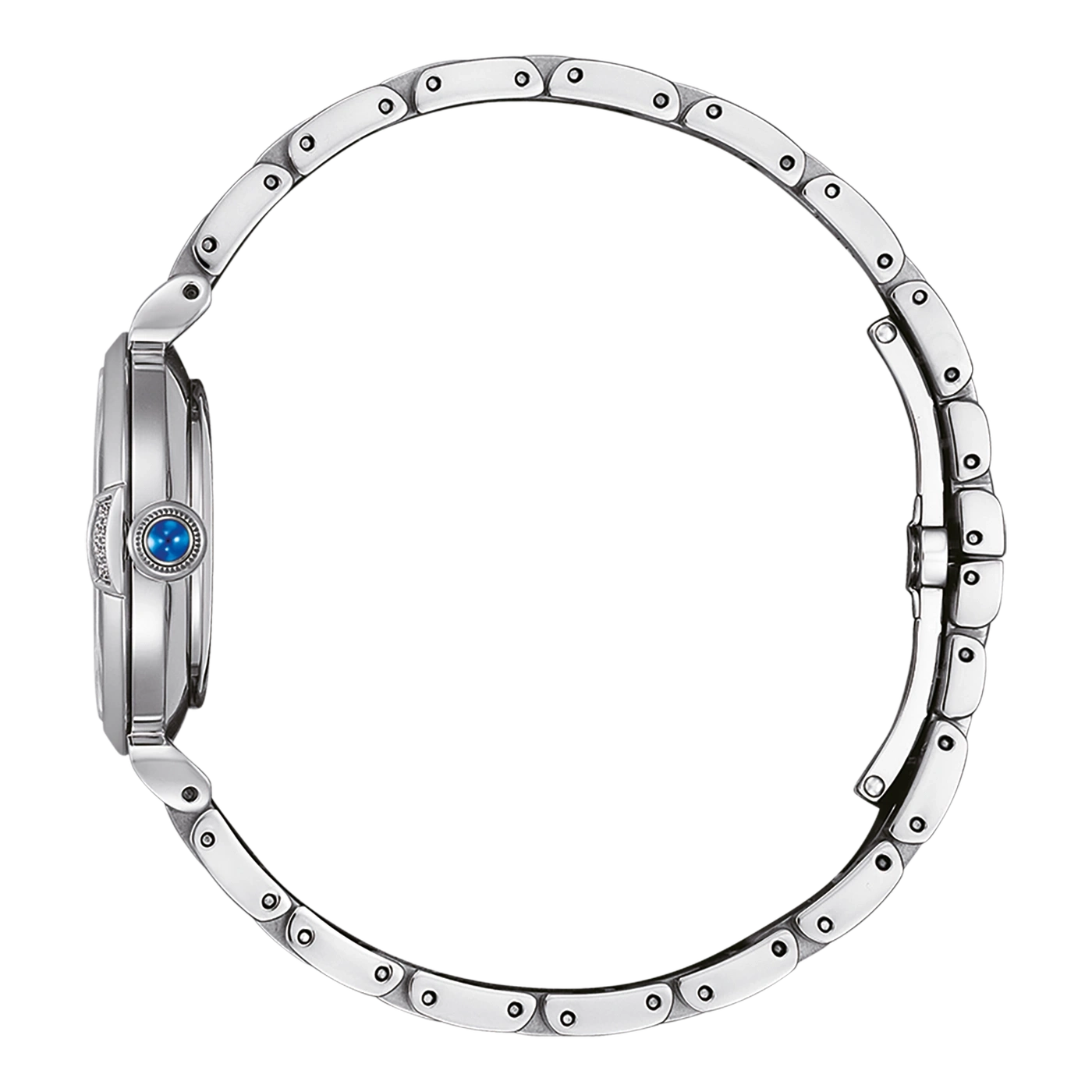 Zilveren horloge met blauwe edelsteen en diamantaccenten, zijaanzicht, elegant design