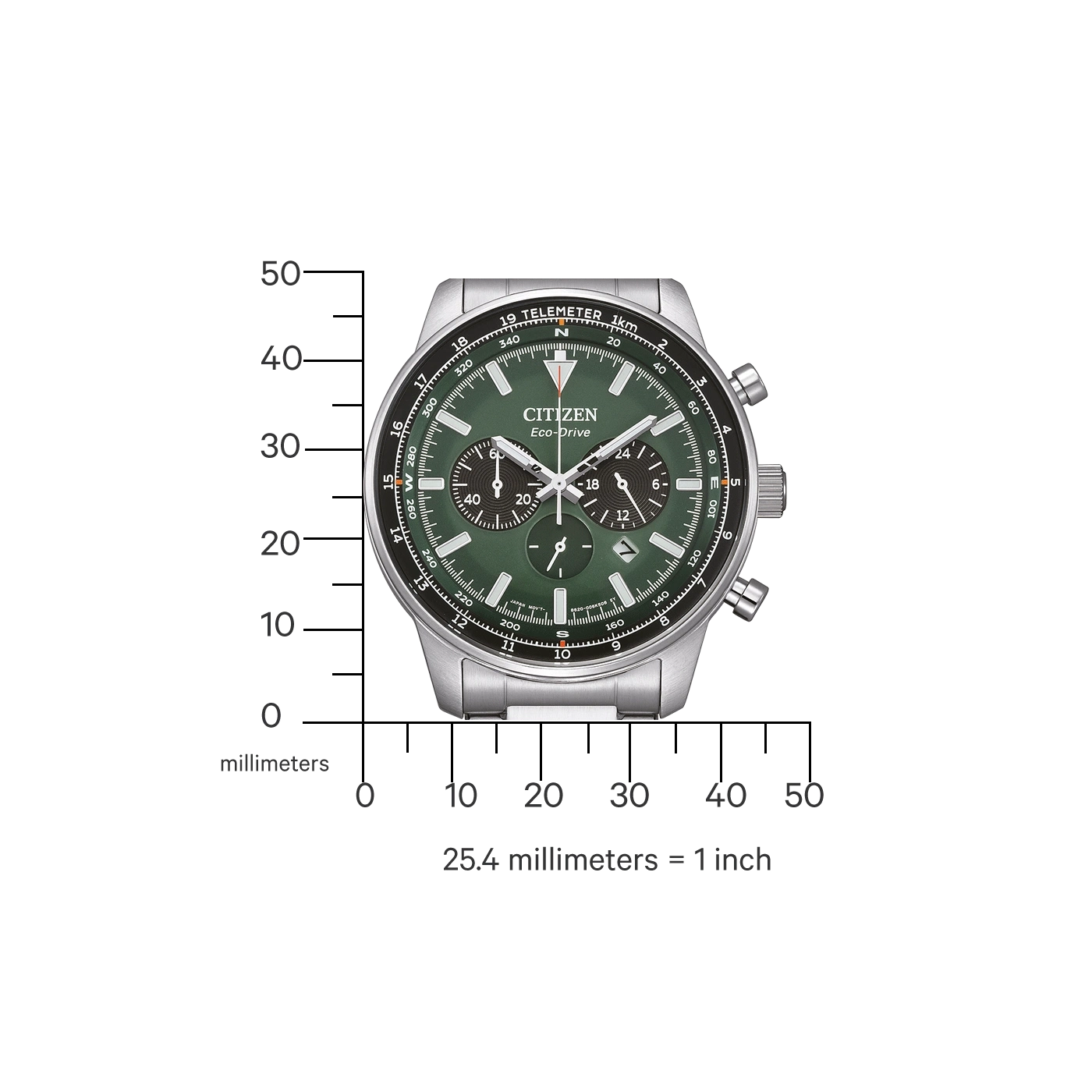 Citizen Eco-Drive horloge met groene wijzerplaat, chronograaf en telemeterschaal, meten in millimeters.