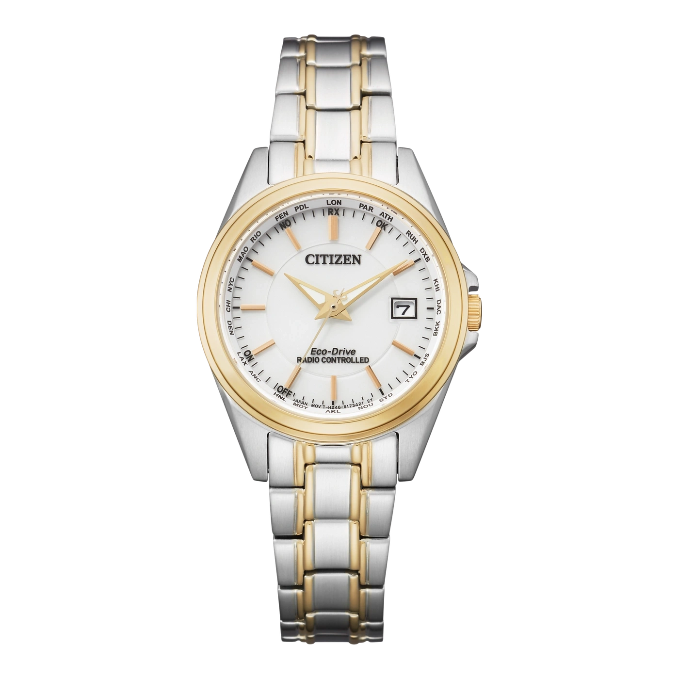 Citizen horloge met witte wijzerplaat, gouden accenten en datumweergave. Zilveren en gouden band.