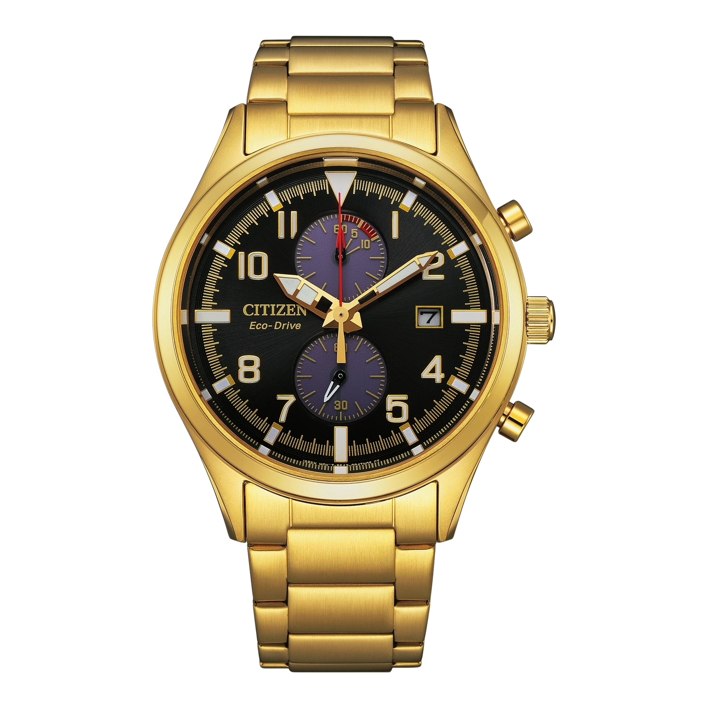 Gouden Citizen Eco-Drive horloge met zwarte wijzerplaat en chronograaf functies.