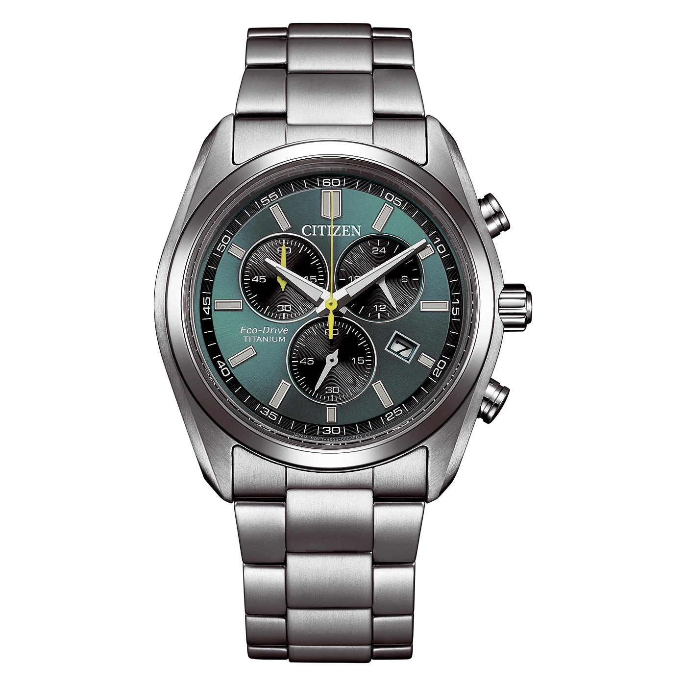 Een Citizen Eco-Drive Titanium chronograaf horloge met groene wijzerplaat.