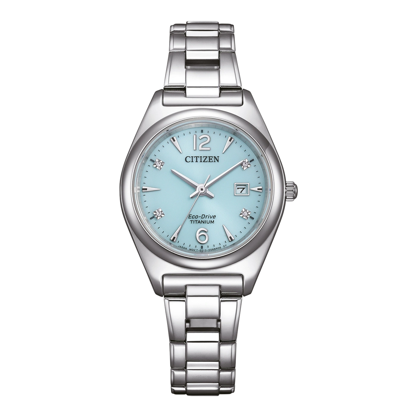 Citizen Eco-Drive Titanium horloge met lichtblauwe wijzerplaat en zilveren band.