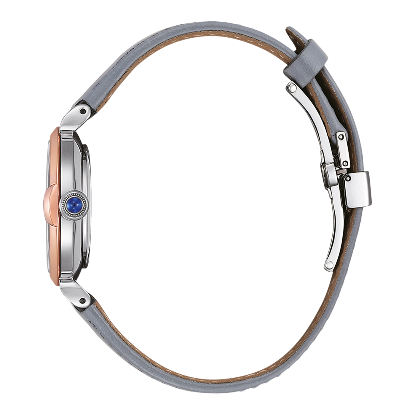 Zijaanzicht van een zilveren en roségouden horloge met een blauwe edelsteen en grijze band.