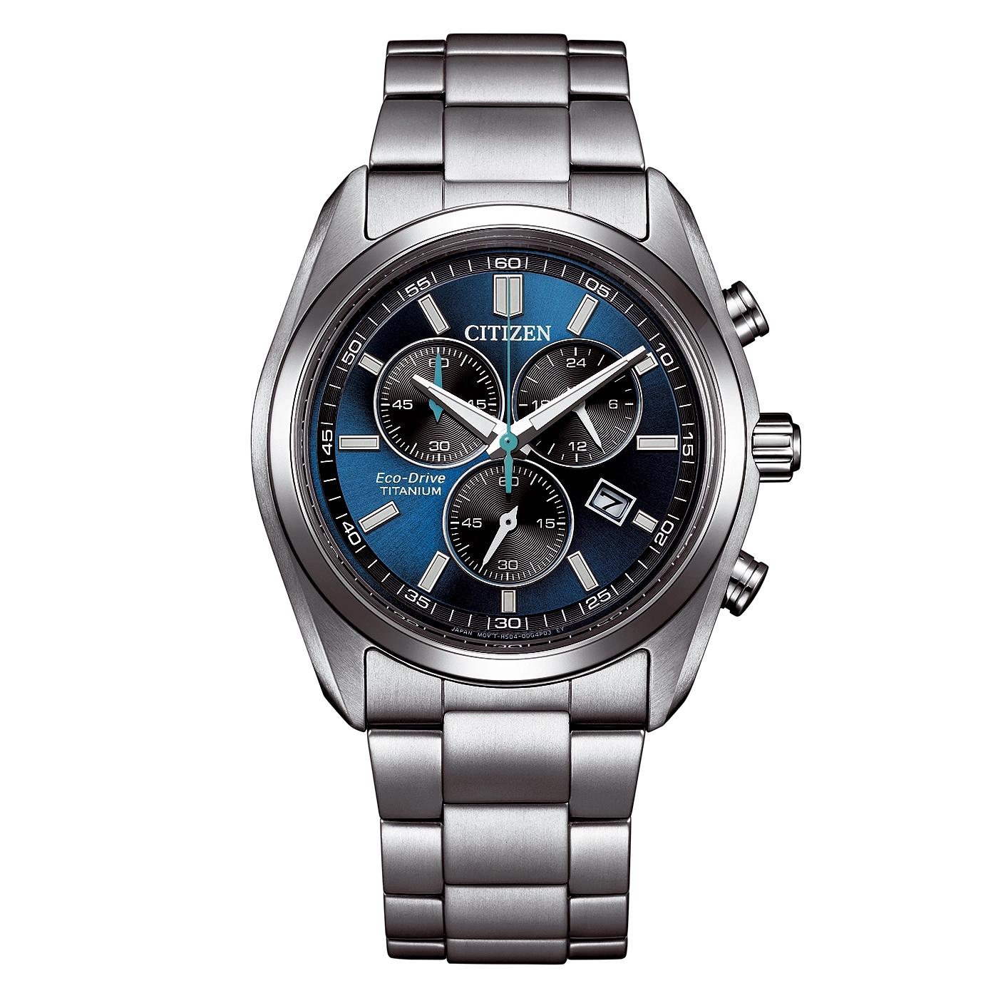 Een metalen Citizen Eco-Drive horloge met een blauwe wijzerplaat.