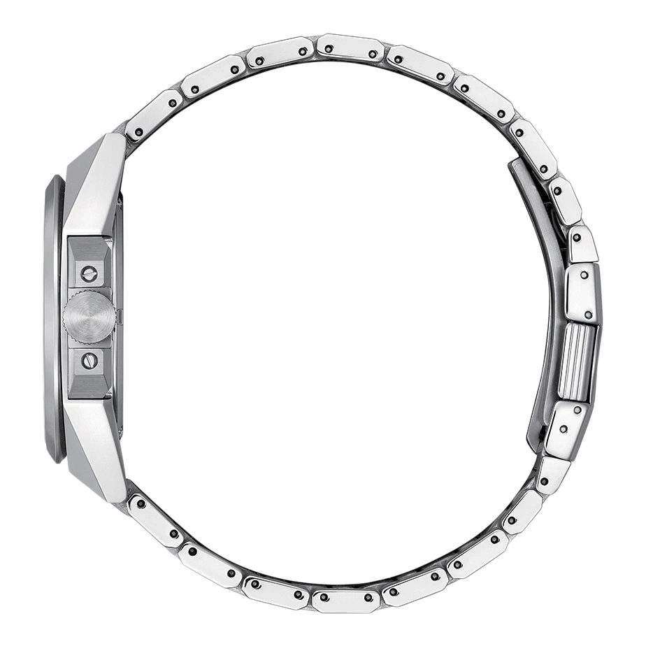 Zilveren horloge zijaanzicht met metalen band en ronde wijzerplaat.