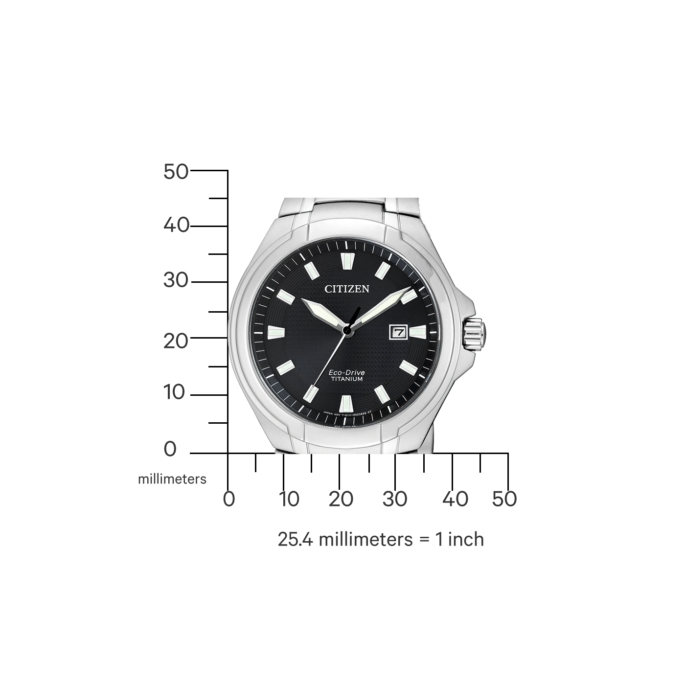 Citizen horloge met zwarte wijzerplaat, titanium, Eco-Drive, datumweergave en zilveren band.