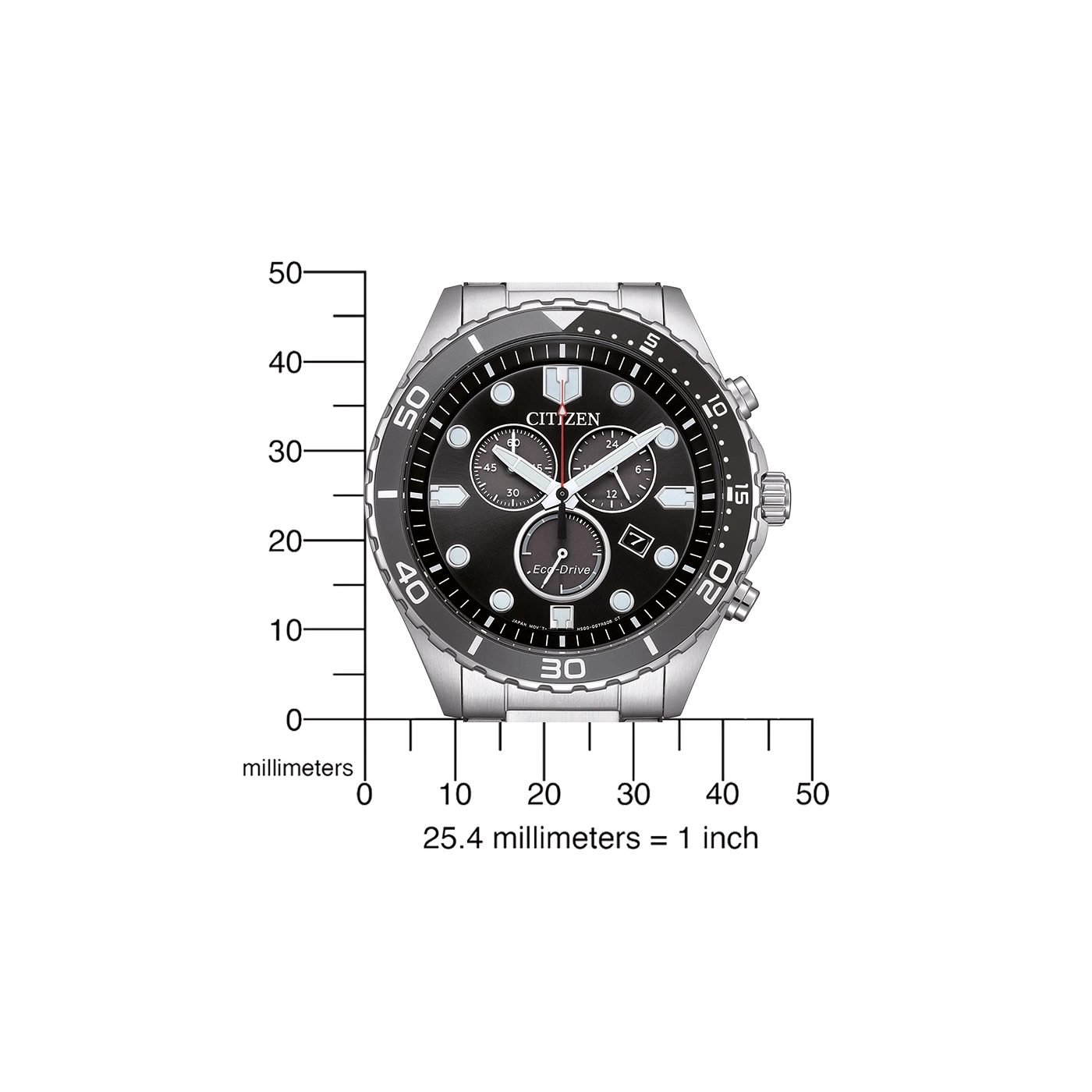Citizen horloge met zwarte wijzerplaat en meetschaal in millimeters.