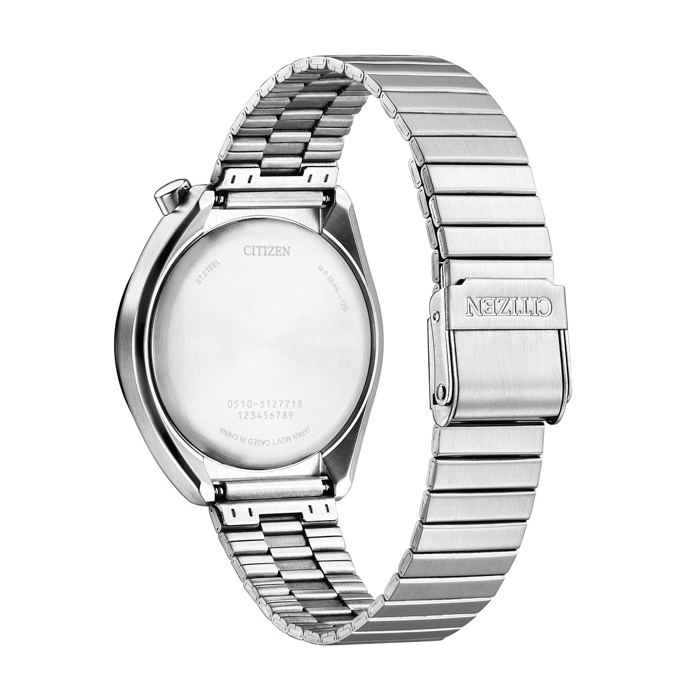 Achterkant van een zilveren Citizen horloge met metalen band.