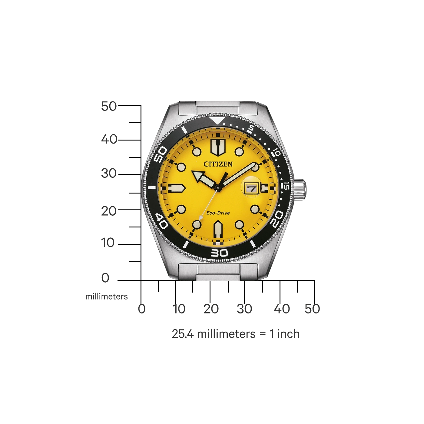 Citizen horloge met gele wijzerplaat, zwarte bezel en zilveren band. Eco-Drive.