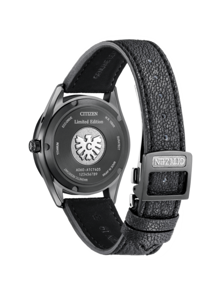 Citizen horloge achterkant, titanium, limited edition, leren band, zwart, Japans gemaakt