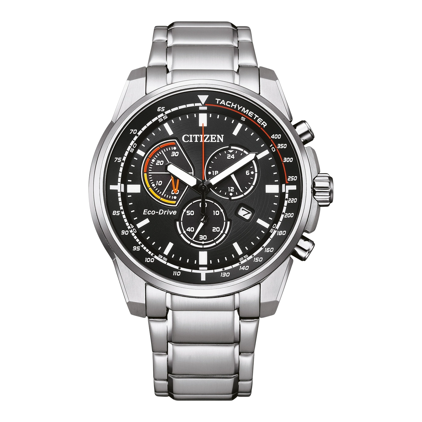 Citizen horloge met zwarte wijzerplaat, zilveren armband en chronograaf functies.