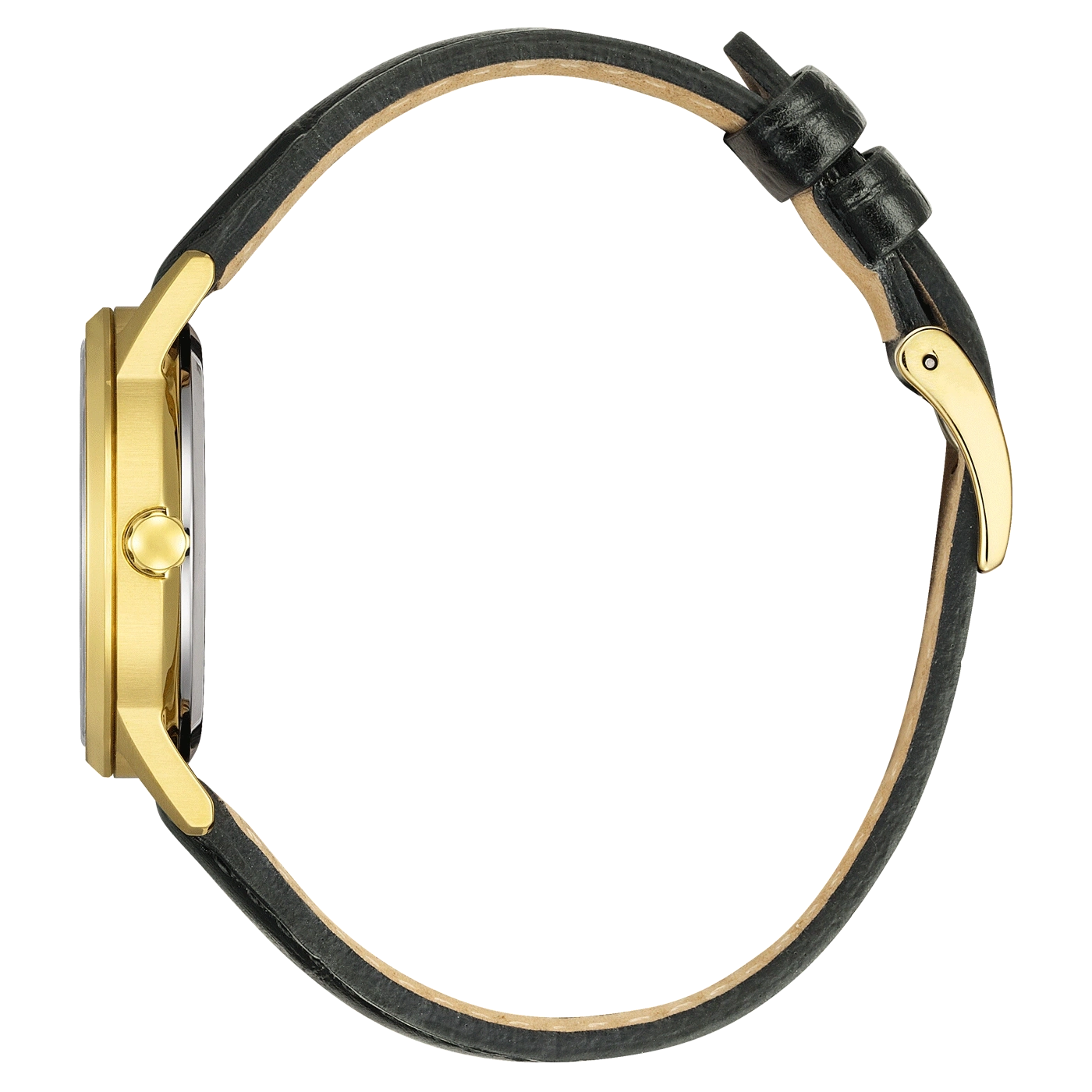 Gouden horloge met zwarte leren band, zijaanzicht, elegant design, luxe accessoire