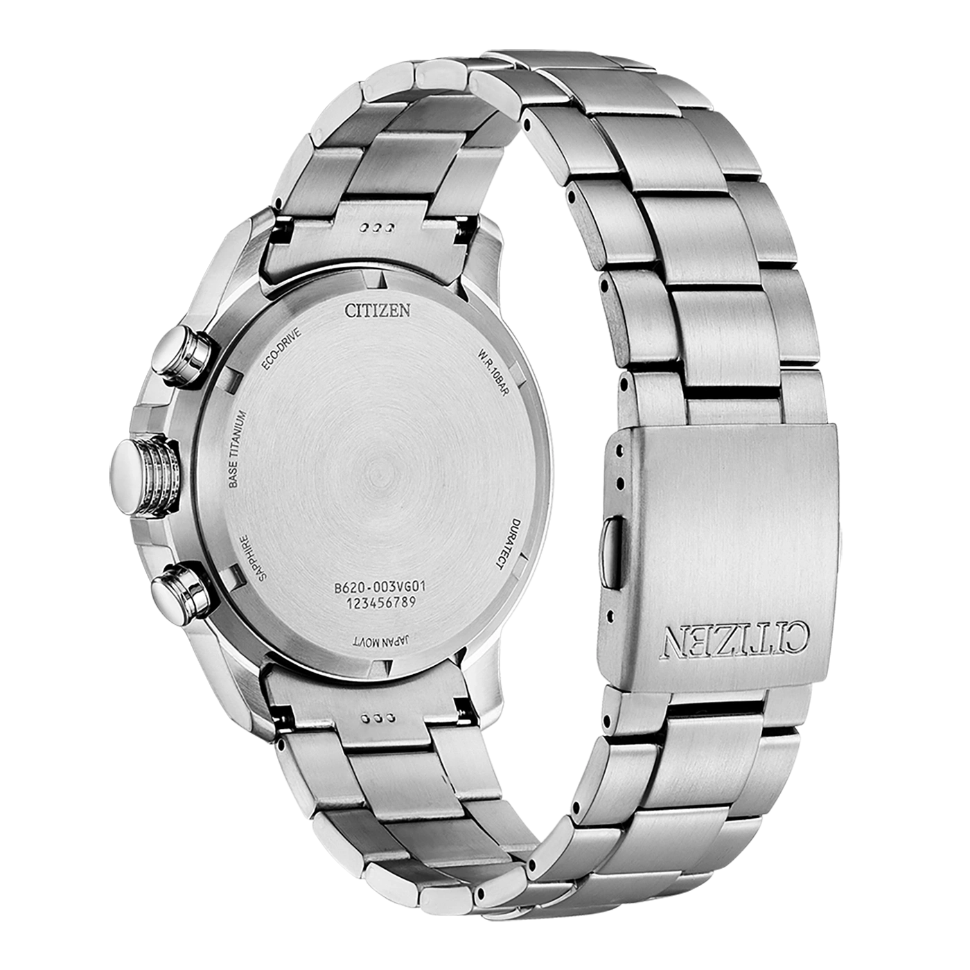 Achterkant van Citizen horloge met details: saffier, titanium, eco-drive, en meer.