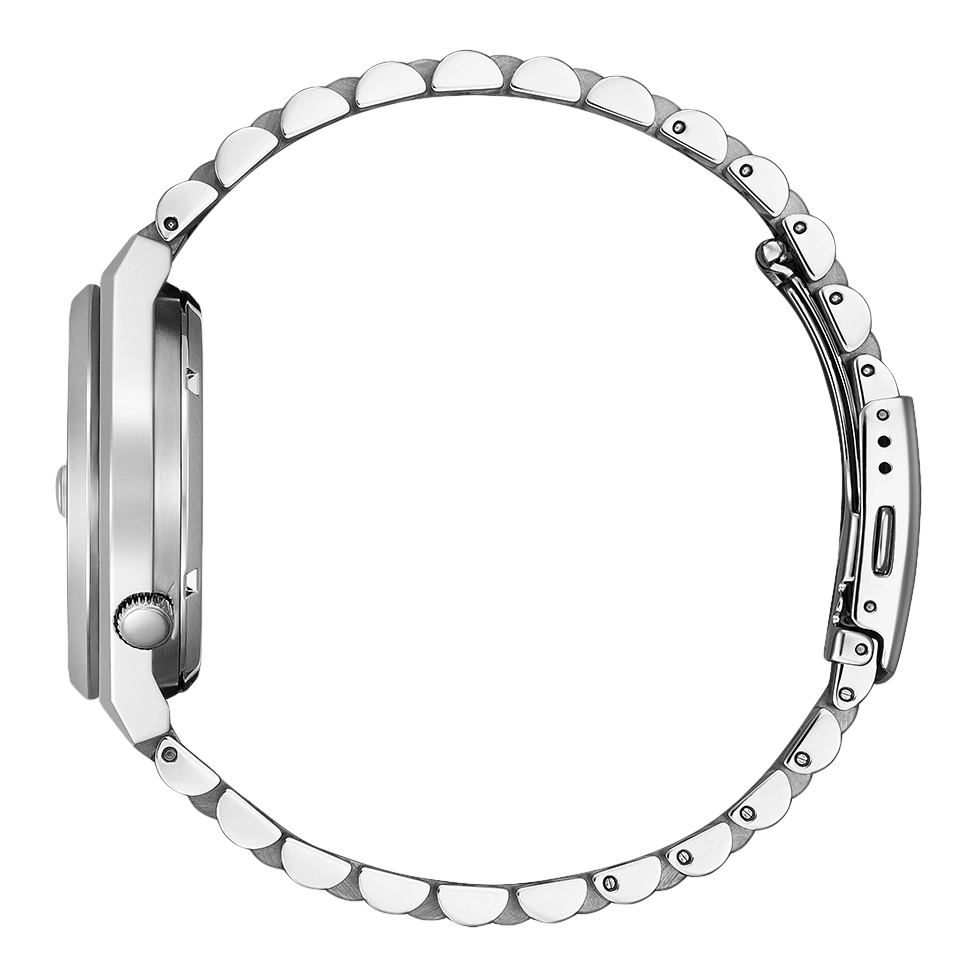 Zijaanzicht van een zilveren polshorloge met metalen band, elegant ontwerp.