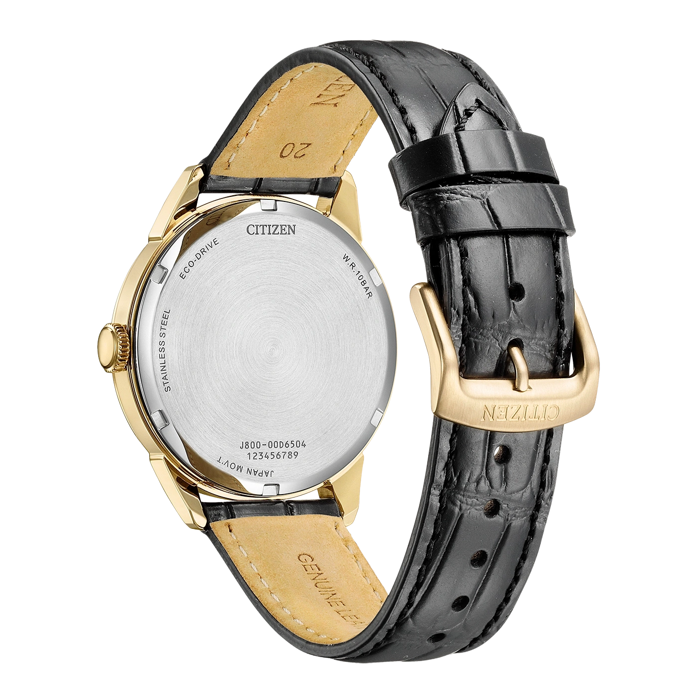 Achterkant van een gouden Citizen Eco-Drive horloge met een zwart leren bandje.