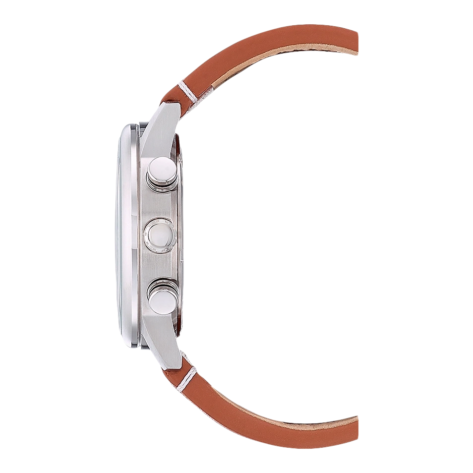 Zijaanzicht van een zilveren horloge met een bruine leren band.