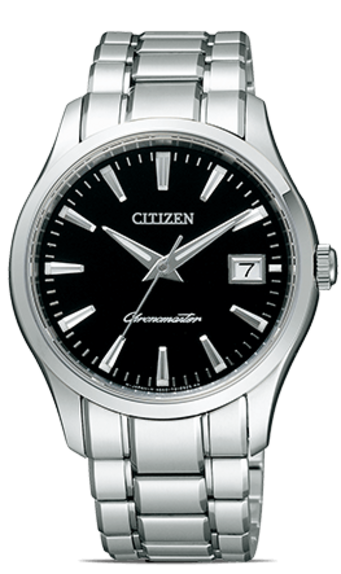 Citizen horloge met zwarte wijzerplaat en zilveren armband, elegant design.