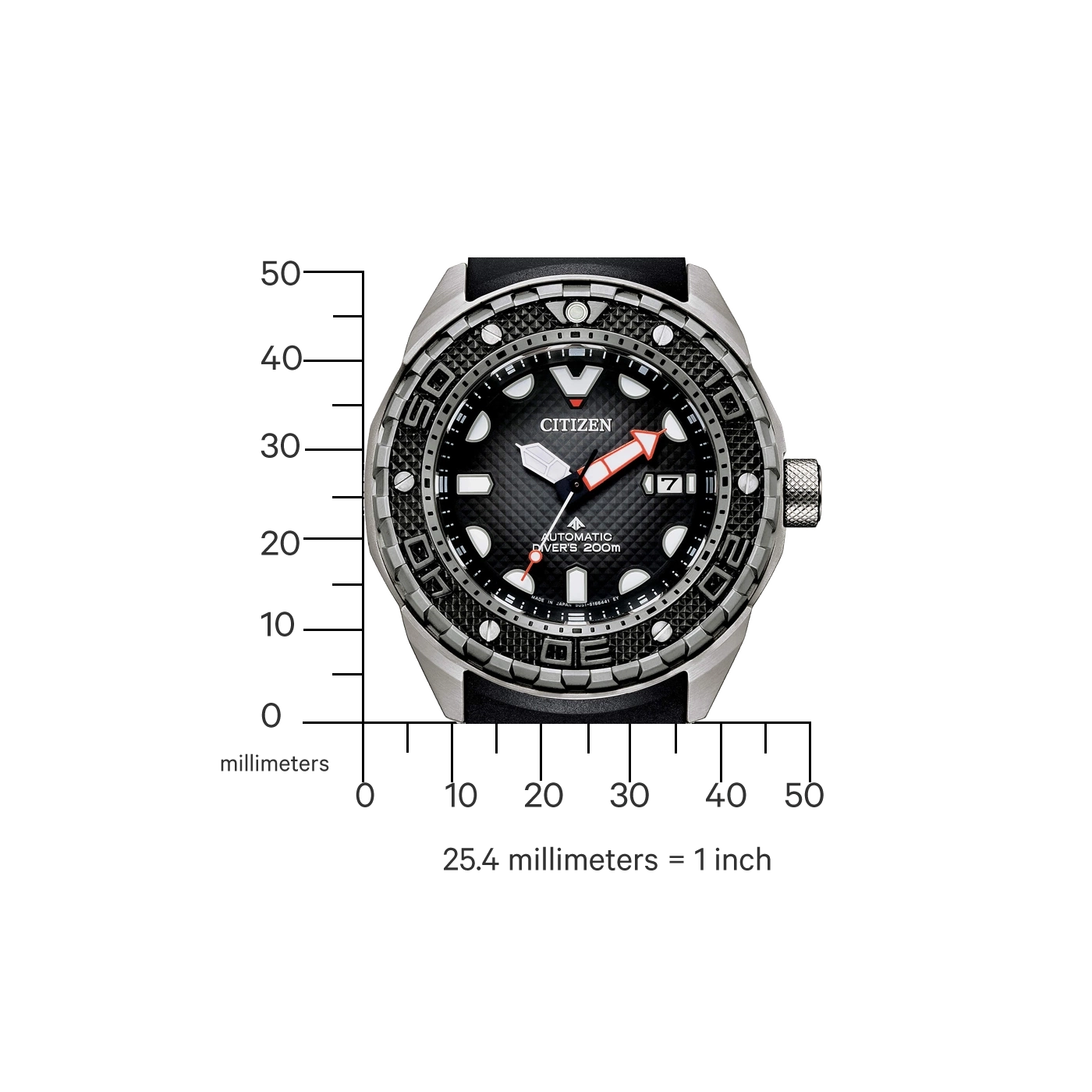 Citizen horloge met zwarte wijzerplaat, automatische duiker 200m, en een schaal in millimeters.