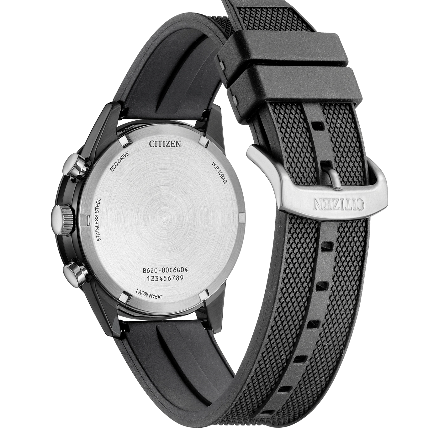 Citizen horlogerug, zwarte band, roestvrij staal, Eco-Drive, W.R. 10BAR, Japan Movt.