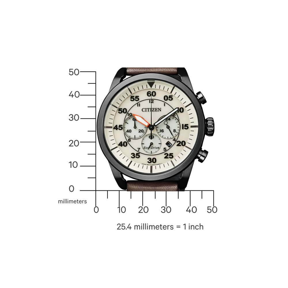 Citizen horloge met zwarte kast en bruine leren band, meetschaal.