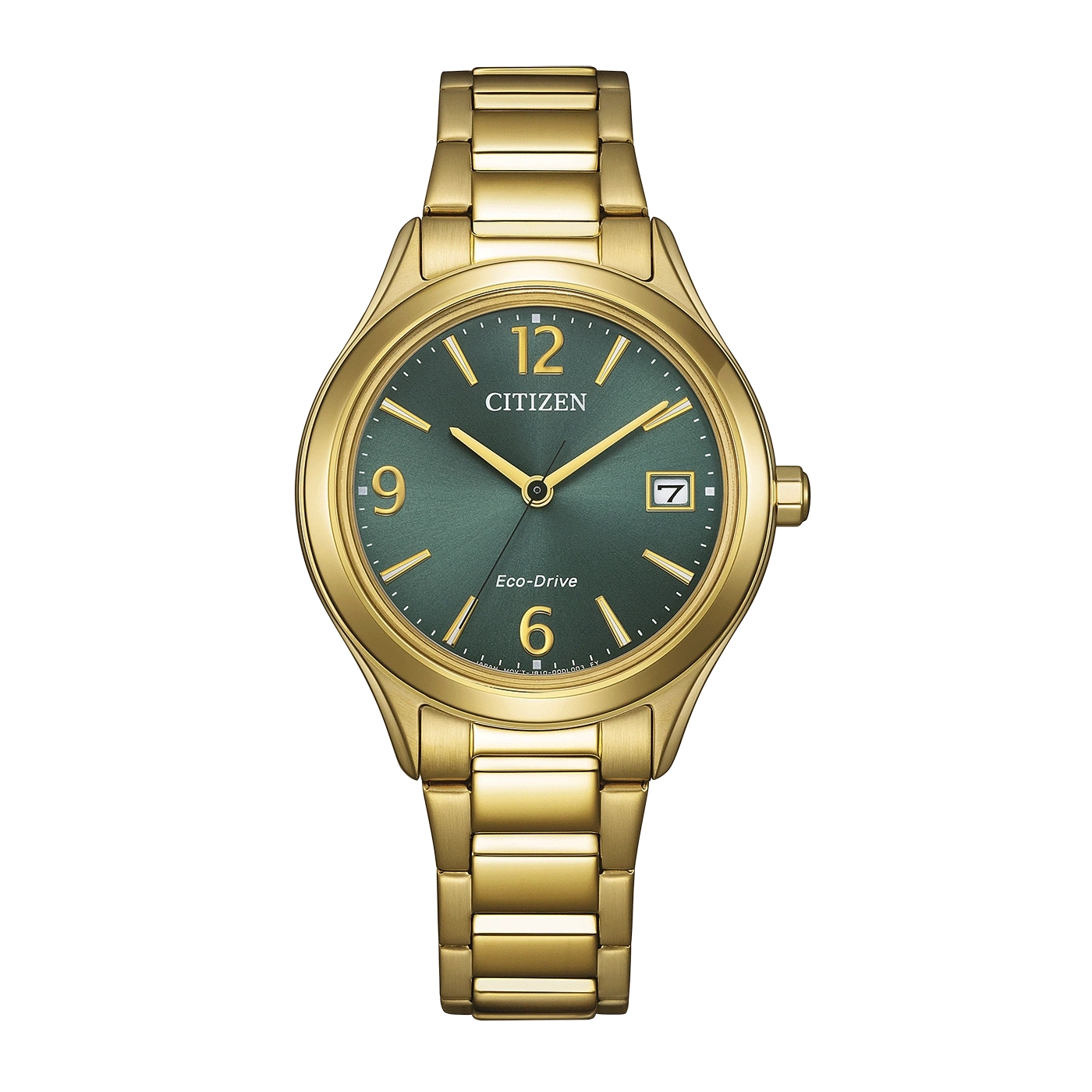 Een gouden Citizen Eco-Drive horloge met een groen wijzerplaat.