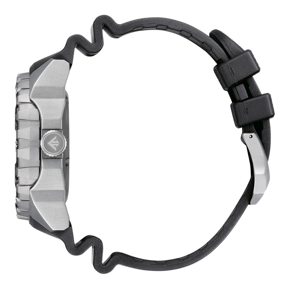Zijaanzicht van een zilveren horloge met een zwarte rubberen band.