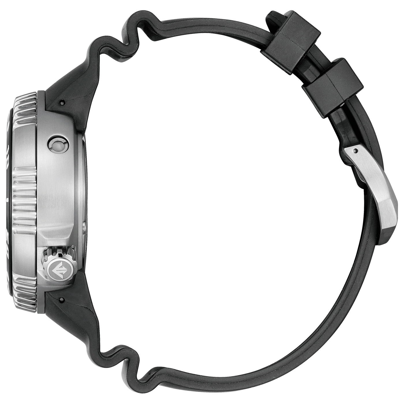 Zijaanzicht van een zilveren horloge met een zwarte rubberen band.