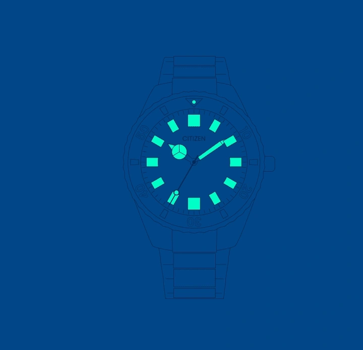 Citizen horloge met oplichtende markeringen en wijzers op blauwe achtergrond.