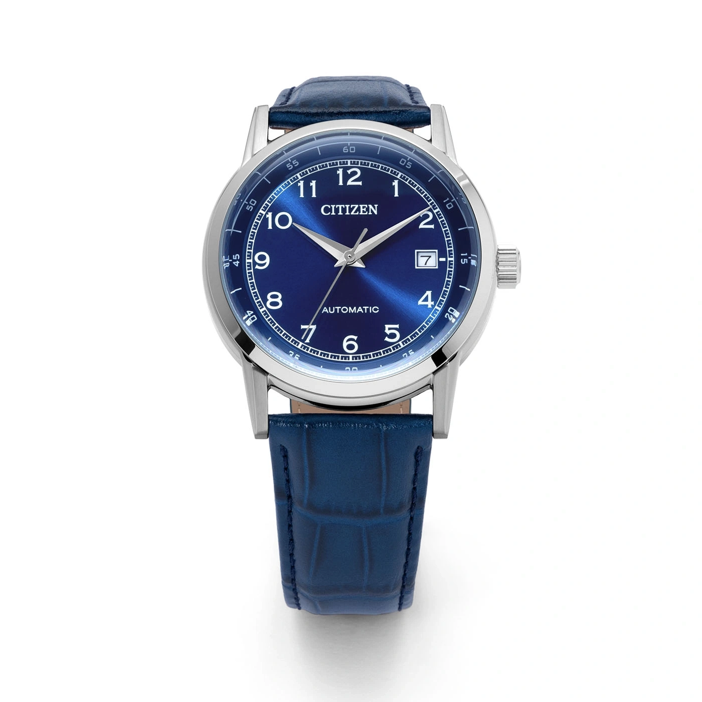 Een blauw Citizen automatisch horloge met leren band.