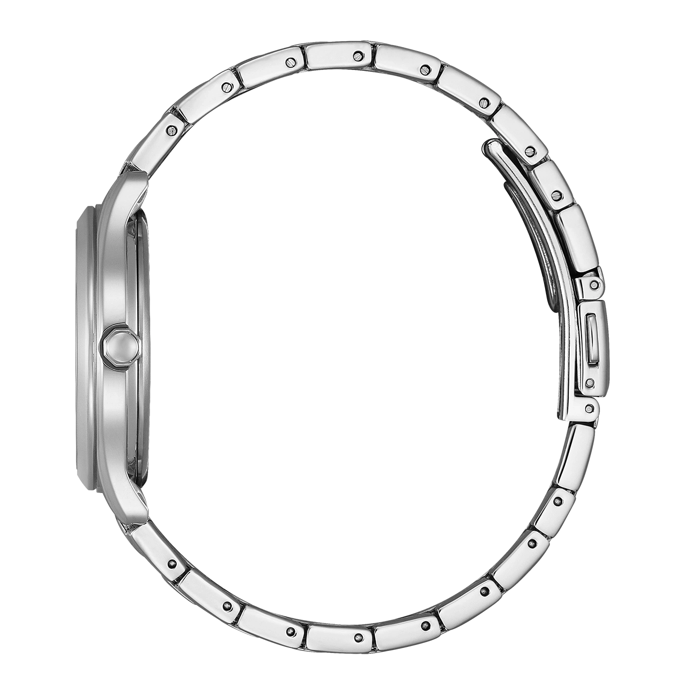 Zijaanzicht van een zilveren horloge met metalen band