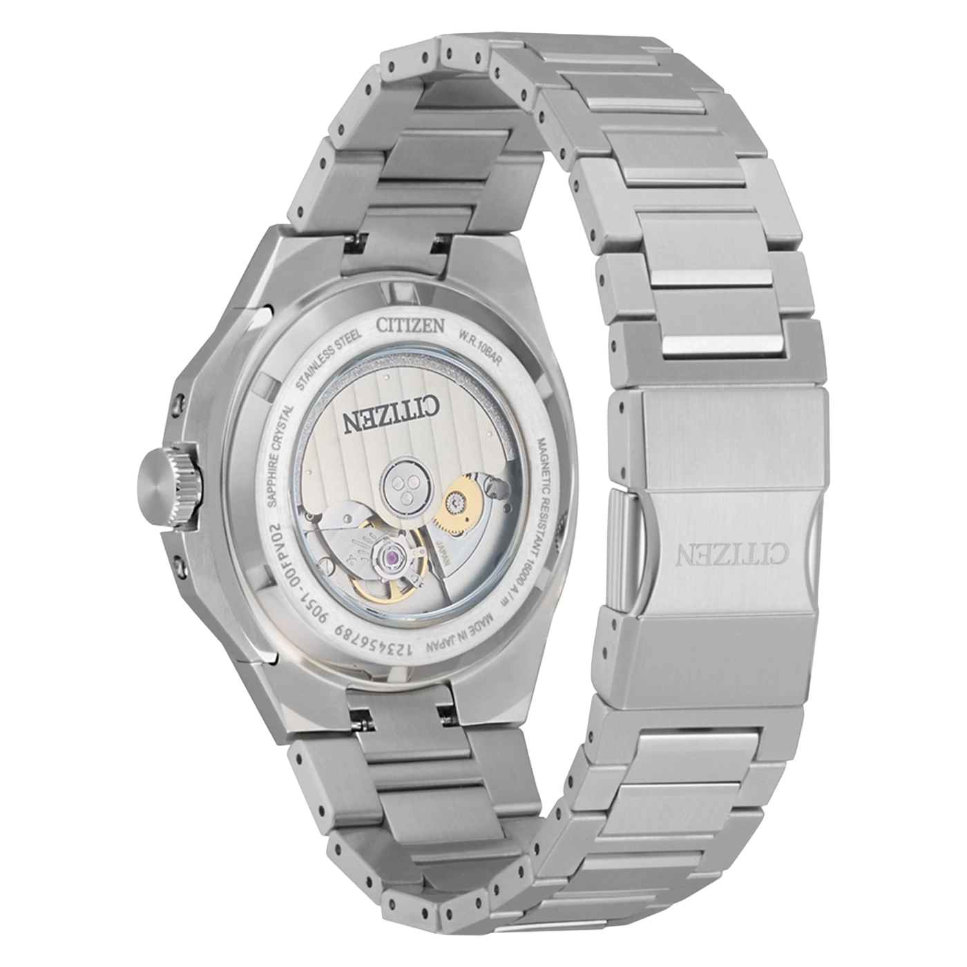 Citizen horloge achterkant met uurwerk en metalen band