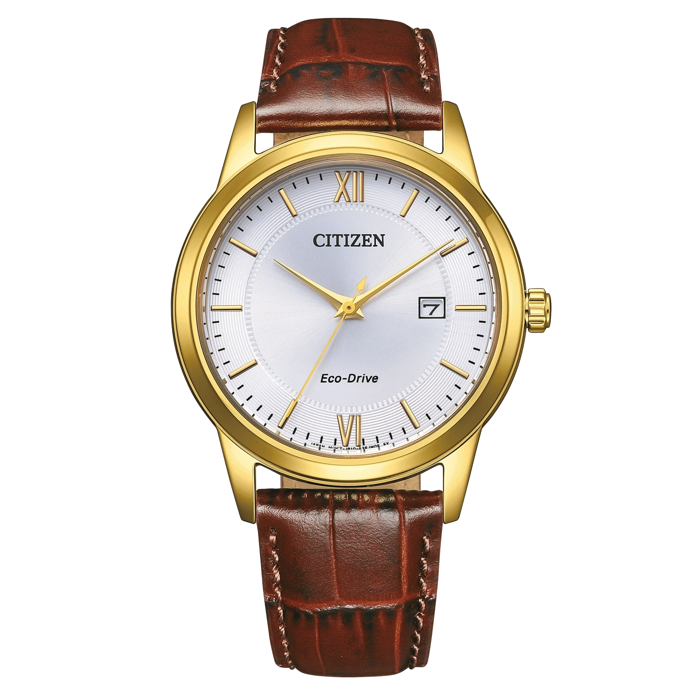 Citizen horloge met gouden kast, witte wijzerplaat en bruine leren band