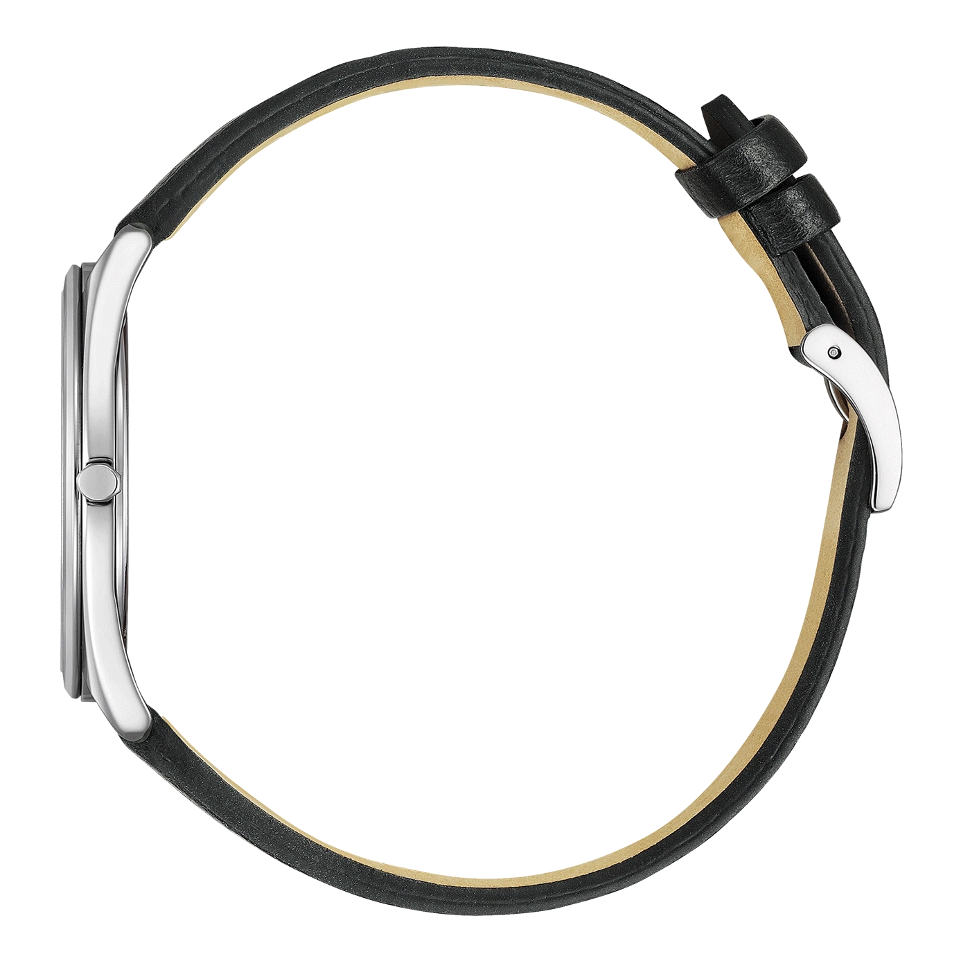 Zijaanzicht van een zilveren horloge met een zwarte leren band op een groene achtergrond.