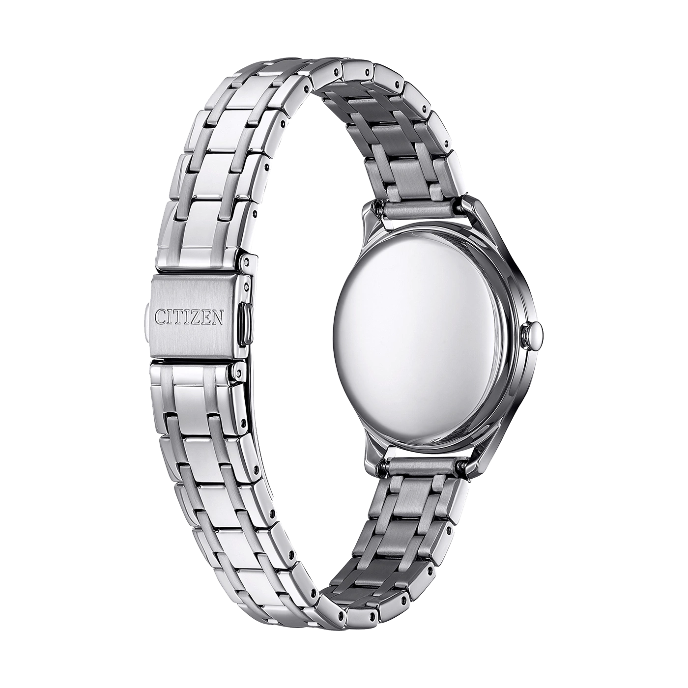 Citizen horloge, zilver, achteraanzicht, metalen band, elegant design, close-up