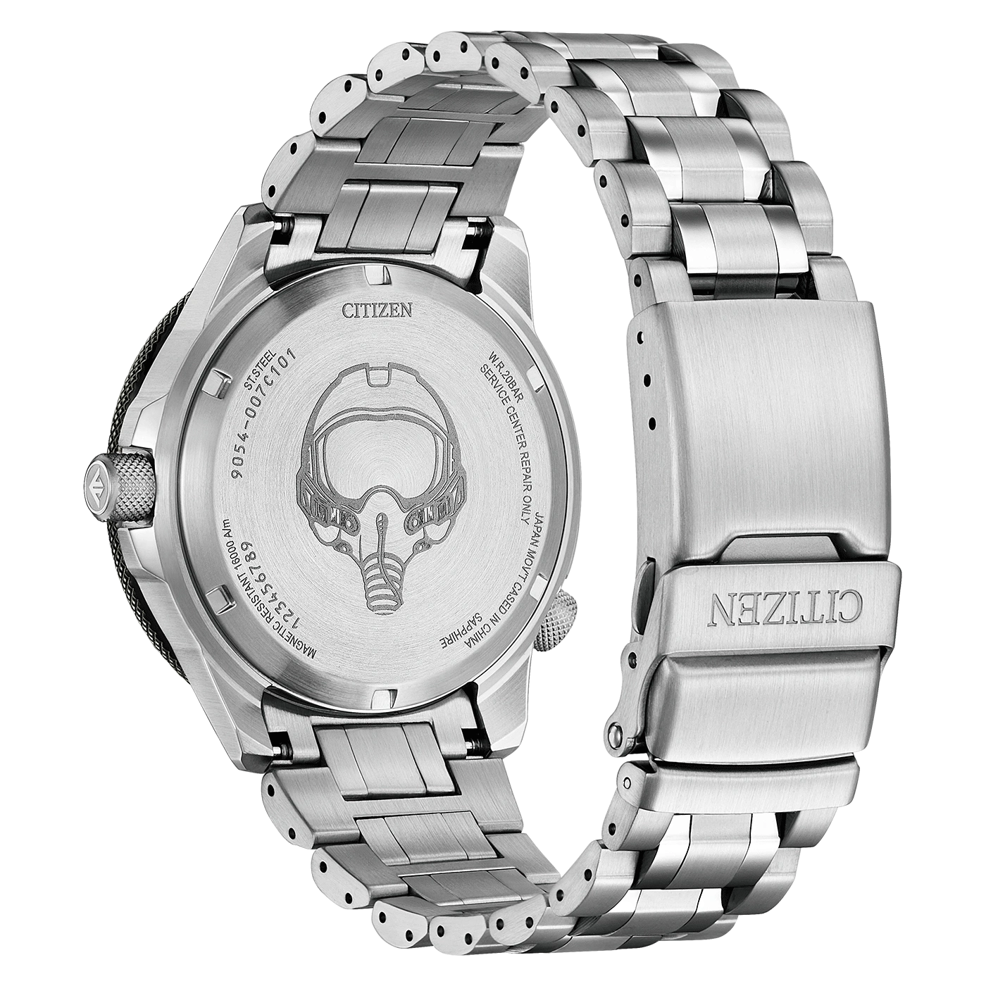 Achterkant van Citizen horloge met details: staal, markeringen en sluiting.